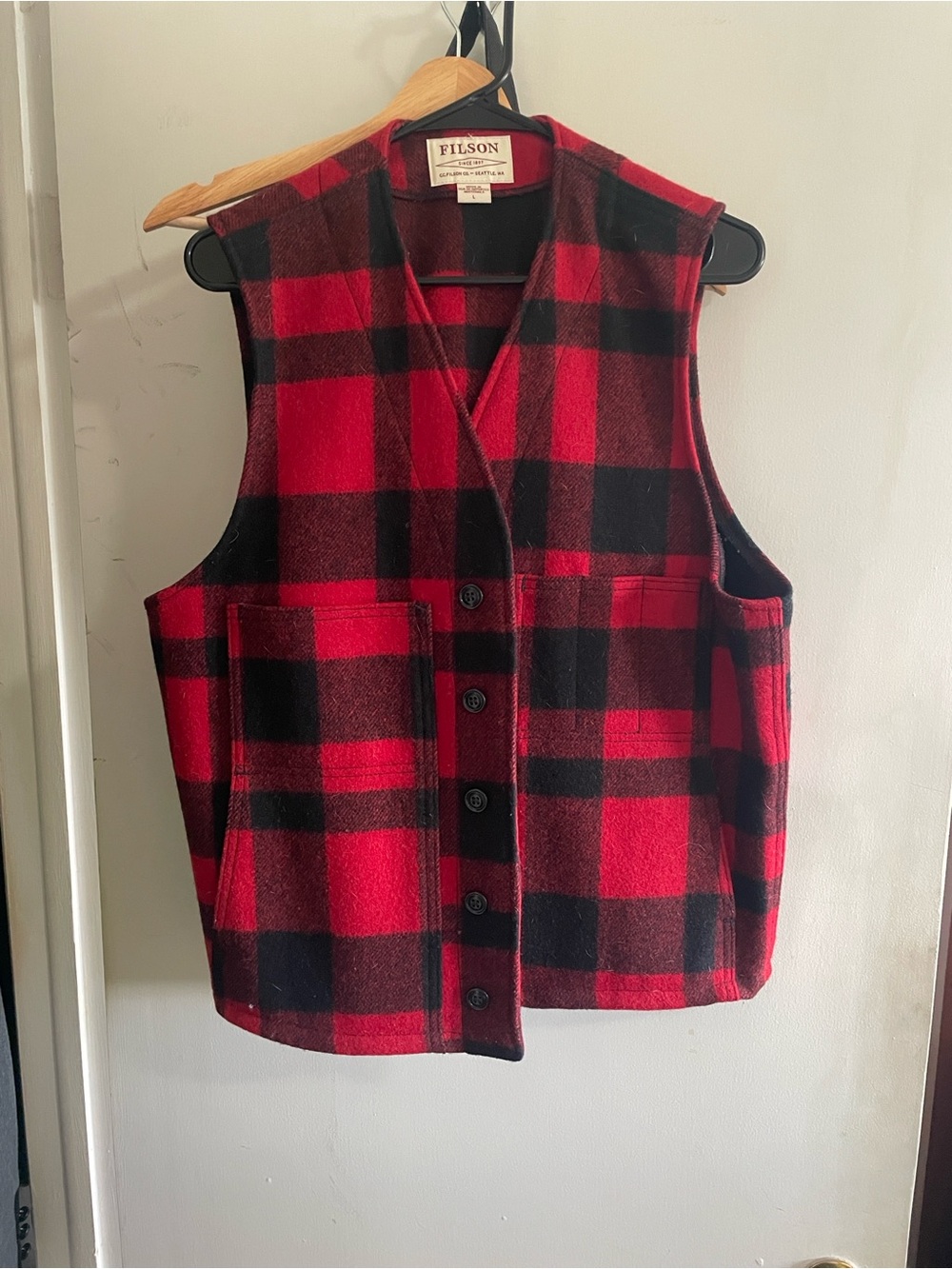Filson Red & Black Buffalo Plaid Wool Vest